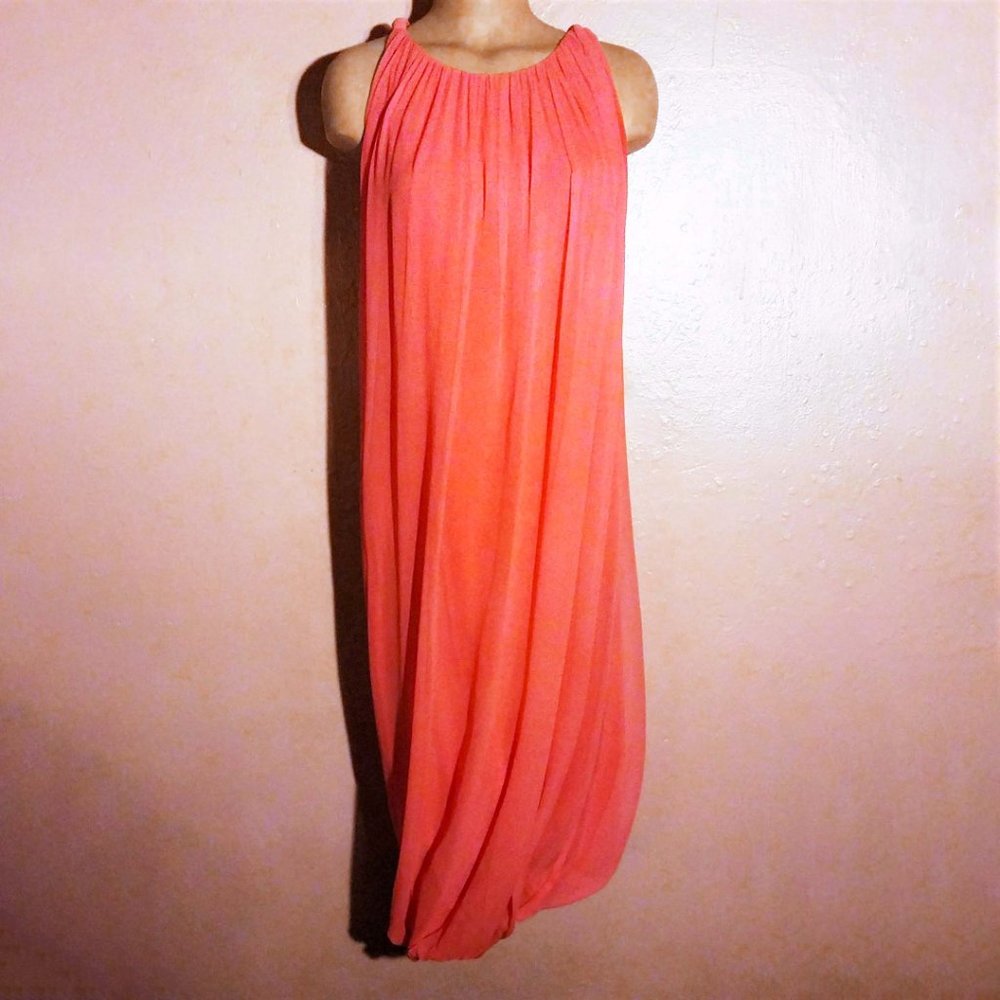 Elie Tahari Goddess Dress~S/P=M~Bubble Hem~Silk Chiffon~Coral Orange~Knit Lining